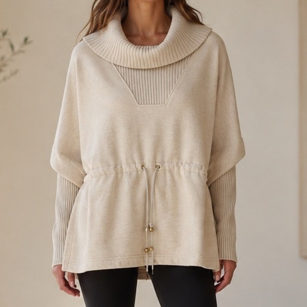 Varley Cavello Longline Sweat Cream Cowl Neck Drawstring Pullover Cozycore Small